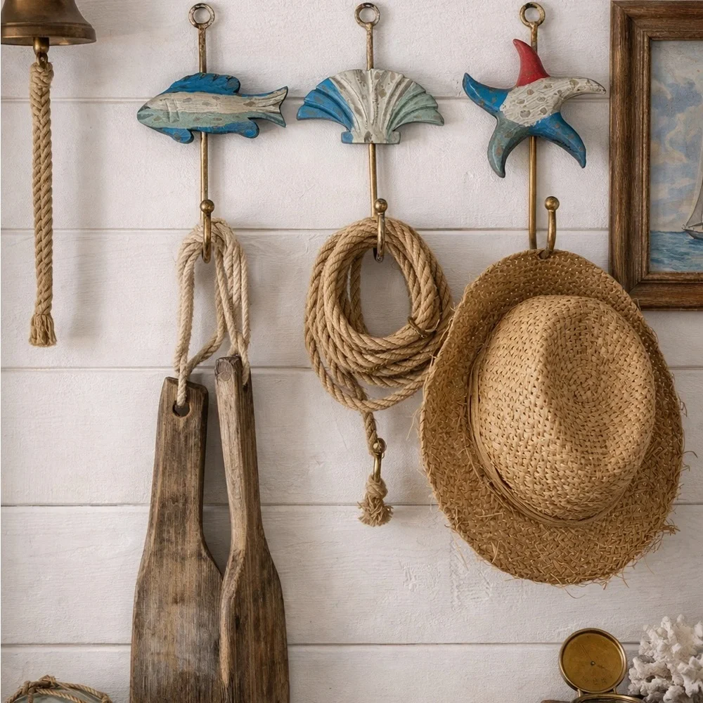 Vintage Coastal Fish Shell Starfish Wall Hooks Wood & Metal Nautical Decor